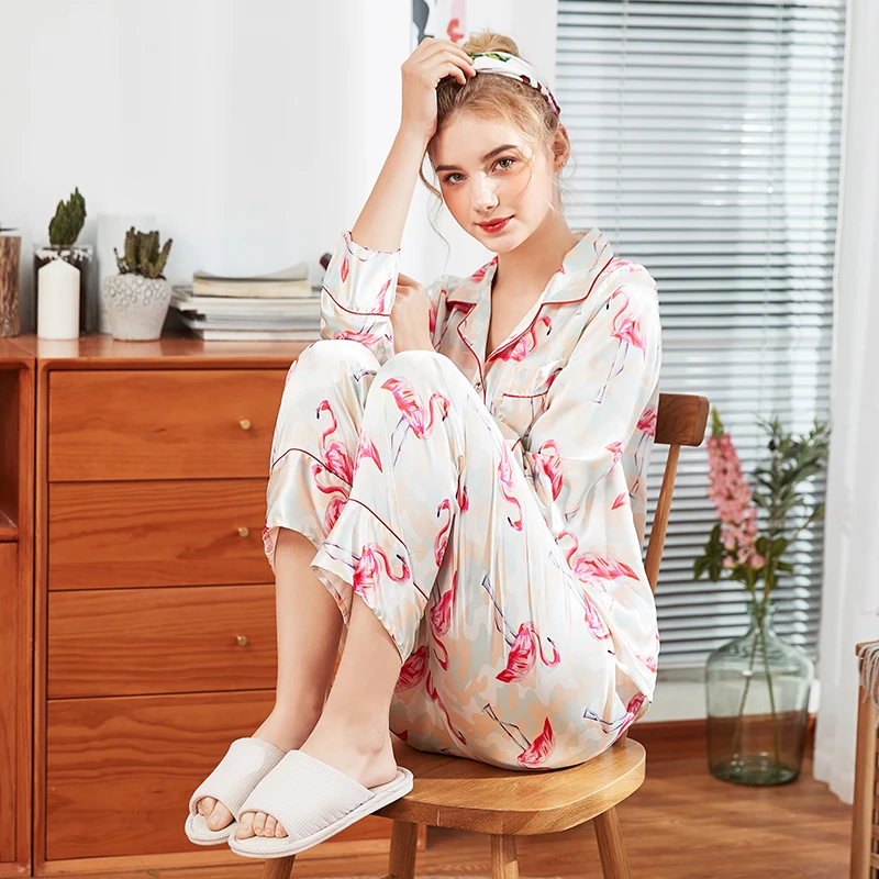 Imitated Silk Sleepwear Set Long Sleeve Pajamas Women Home Wear Female Sexy Lingerie Nightwear Night Suit