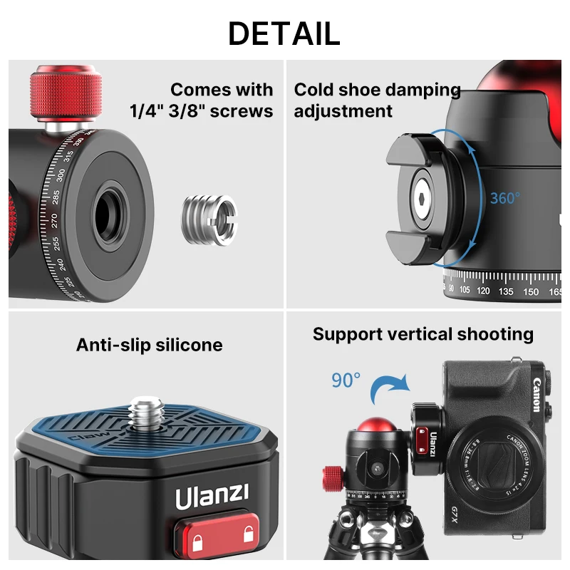 Ulanzi 2 in 1Metal Ballhead Tripod Ball Heads  Quick Release Ballhead Mount With 1/4 Screws for DSLR Gimbal Slider Accessories