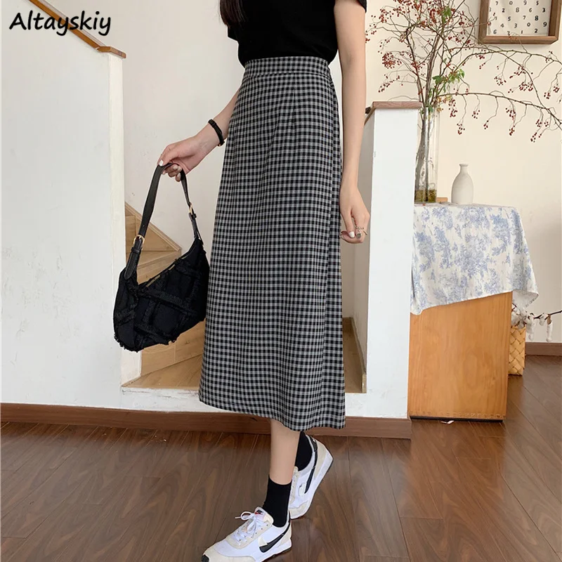 

Summer Plaid Skirts Women Korean Retro Preppy Students Mid-calf A-line High Waist Skirt Mori-girl Casual All-match Split Faldas