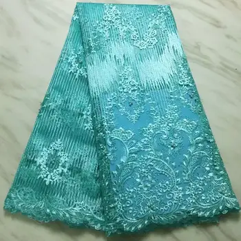 

Latest Royal Blue Green Tulle Lace Fabric High Quality Europe And American Fashion Fabric With Beads Stone French lace Fabrics