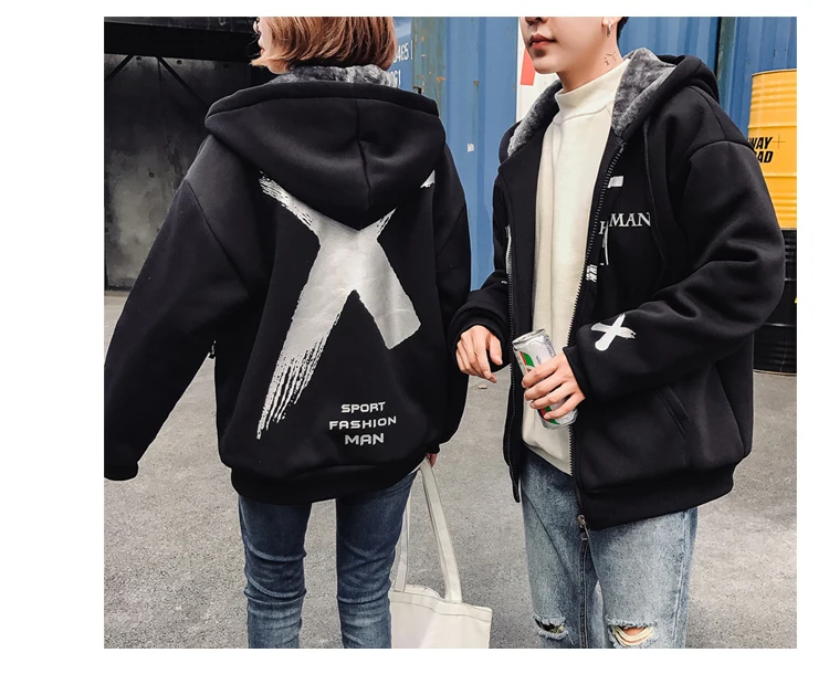 Winter New Style Hooded Brushed And Thick Couples Hoodie Fashion And Personality Loose-Fit Printed Casual Men And Women Coat
