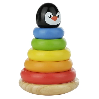 

Penguin Wooden Colorful Rainbow Stacking Rings ,Solid Wood Baby Toy for Toddler Boys and Girls Age 1 Year and Up