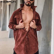 

INCERUN Casual Men's Mid-length Suede Loose Shirts Tops 2021 Autumn Hot Sale Winter Vintage Lapel Collar Button Up Blouse S-5XL