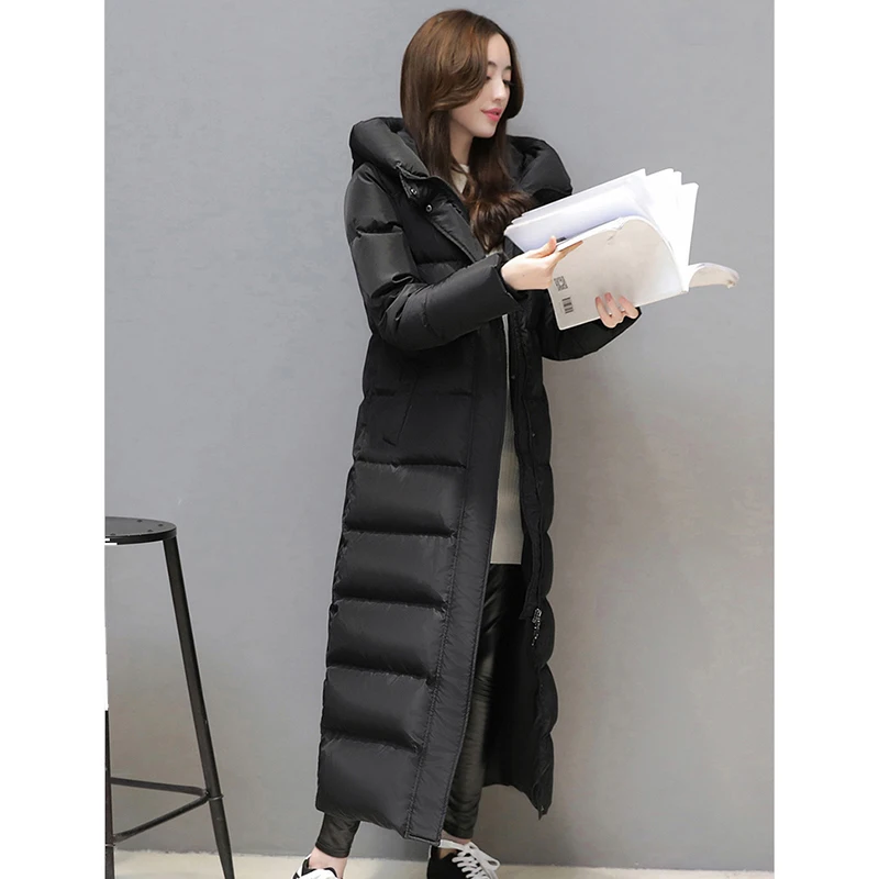 Women's super long down jacket winter puffer Thick coat Black Red Hooded zipper Keep warm