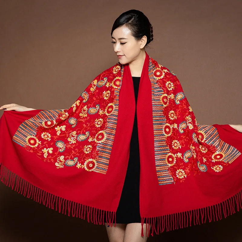New Hot Ladies National Style Imitation Cashmere Scarf Shawl Fashion Dual-use Long Autumn And Winter Embroidered | Аксессуары для
