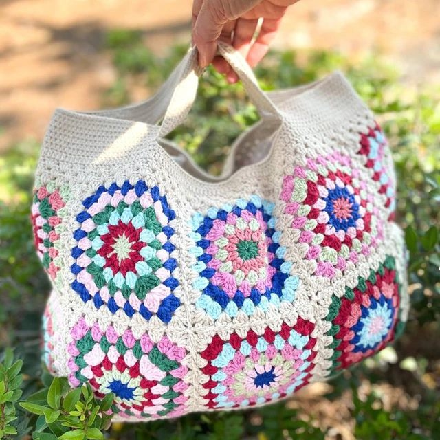 White Granny Square Crochet Handbag For Women Handmade Knitted Colorful Bag  Boho Hippe Cute Purse For Summer Beach - AliExpress