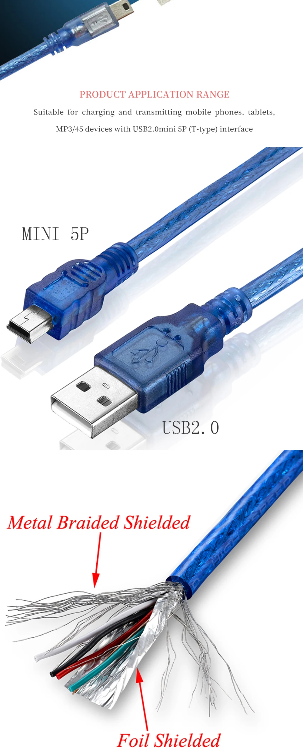 30 см 150 см 3 м 1 шт. USB кабель для зарядки данных 2.0A type A Male to Mini 5P Male Mini 5P USB шнур фольга+ с защитной обмоткой кабель для передачи данных