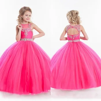 

Customized Shiny Flower Girl Dress Ball Gown Crystals Puffy Tulle Backless Kids Children Party Dress Pageant Gown Clothes