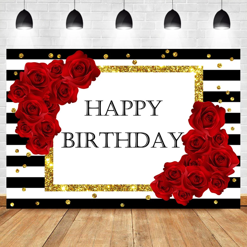 お誕生日おめでとうビニールの背景 黒 白 縞模様の背景 赤いバラの装飾 誕生日パーティーの装飾 背景 Aliexpress