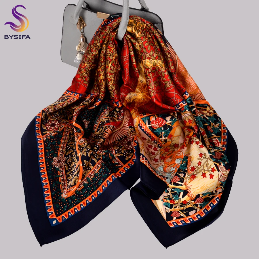 

BYSIFA| Winter New Scarves Hijabs Ladies Fashion Pure Silk Square Scarf Printed Life Tree Design Navy Blue Red Neck Scarf Cape