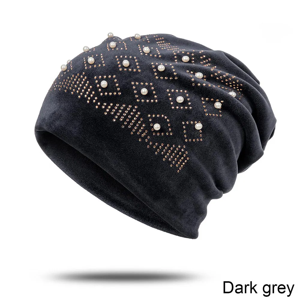 IWINTENew зимняя женская шапка бархатная теплая Skullies Beanies Женская Повседневная яркая перламутровая шапка роскошная женская шапка - Цвет: dark greyA