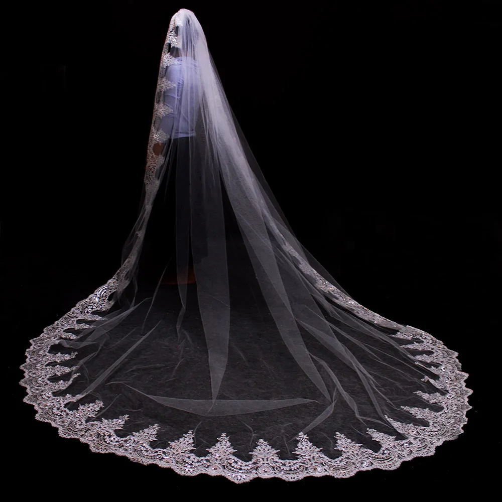 Bridal Veil Lace Wedding Veil Sparkling Sequins Long Bridal Veil Comb 3m/3.5m/4m