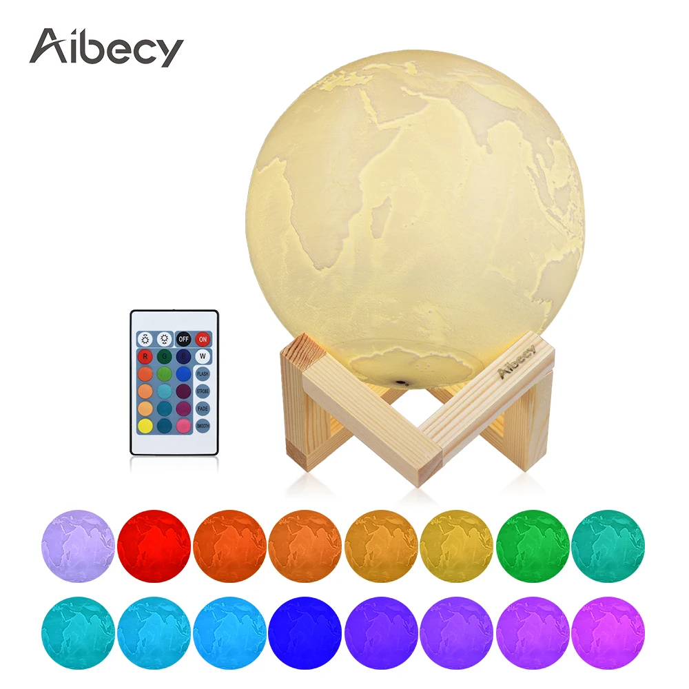 Aibecy 3D печатная лампа в форме планеты Земля светодиодный свет 16 цветов RGB Регулируемая яркость Дистанционное управление USB перезарядка с