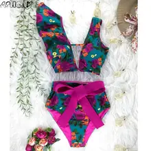 2021 New Bikini Floral Ruffled Bikini Set Women V-neck High Waist Two Piece Swimsuit Girl Beach Bathing Suit Swimwear Biquinis