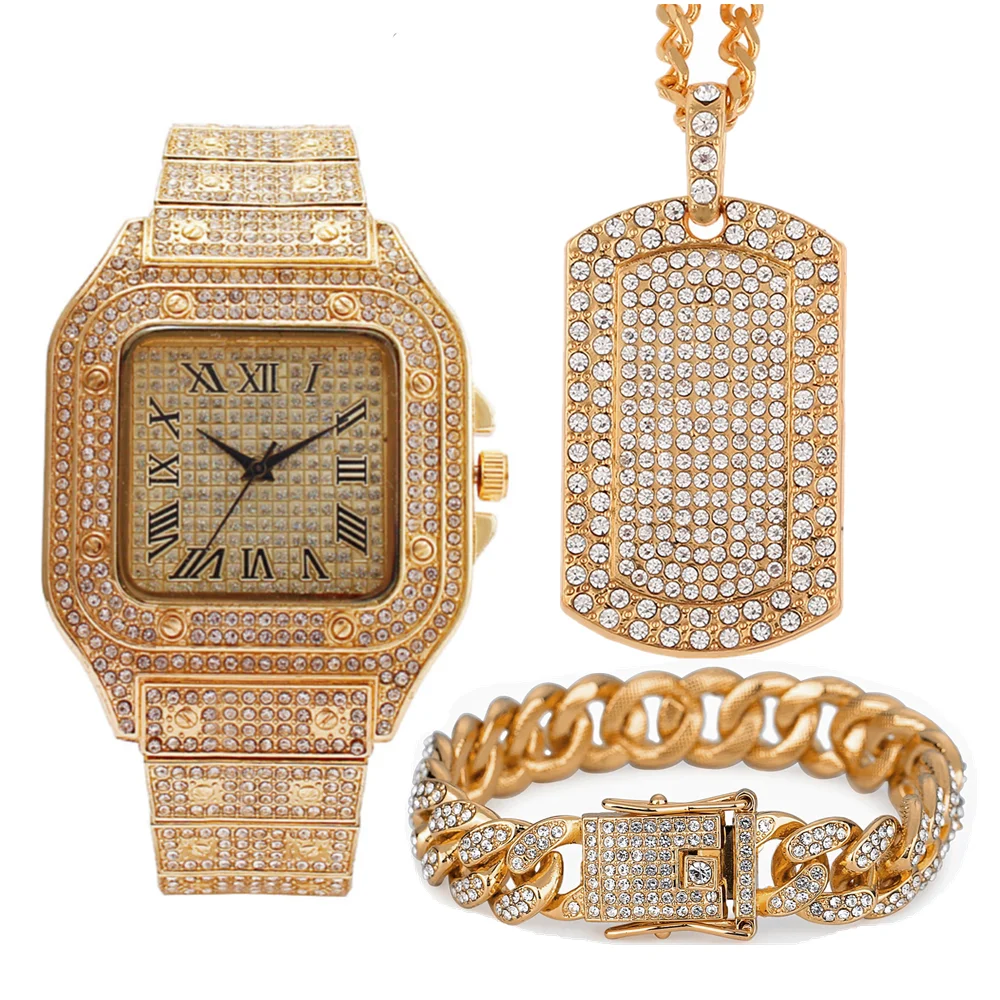 Watch Necklace Bracelet for Men 3pcs Luxury Iced Out Watch Men Bling Cuban Chains Fashion Jewelry Square Pendant Mens Gold Watch 3pcs luxury iced out watches men women tennis chain bracelet necklaces bling bling jewelry set luxury men s watch women calendar