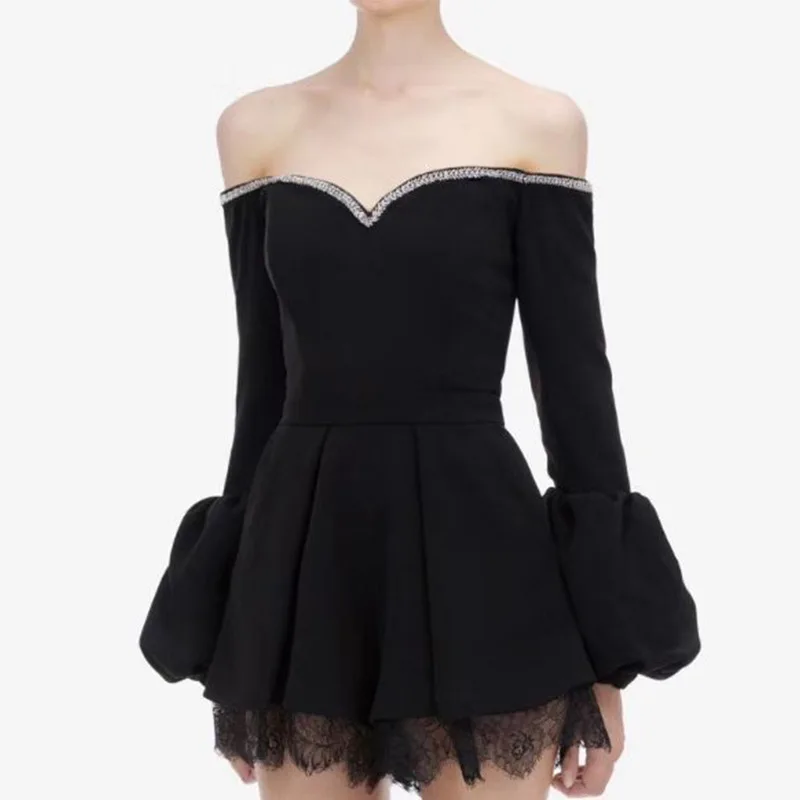 Nieuwe Vroege Voorjaar 2020 Zwart Een Lijn Off Shoulder Met Diamanten Beha Kant Lantaarn Mouw Jumpsuit Trend