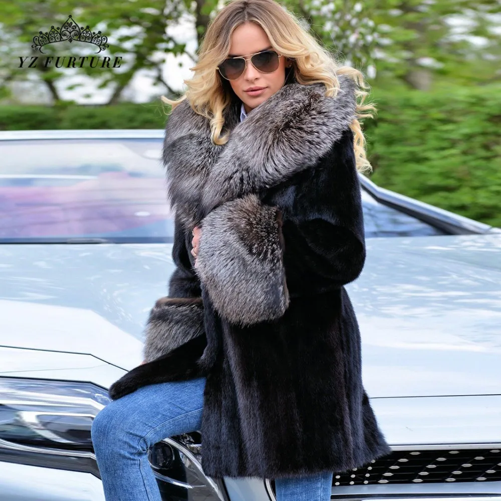 New Winter Real Mink Fur With Fox Fur Collar cuff Coats Style Women Genuine Full Pelt Winter Warm Elegant Female Jacket