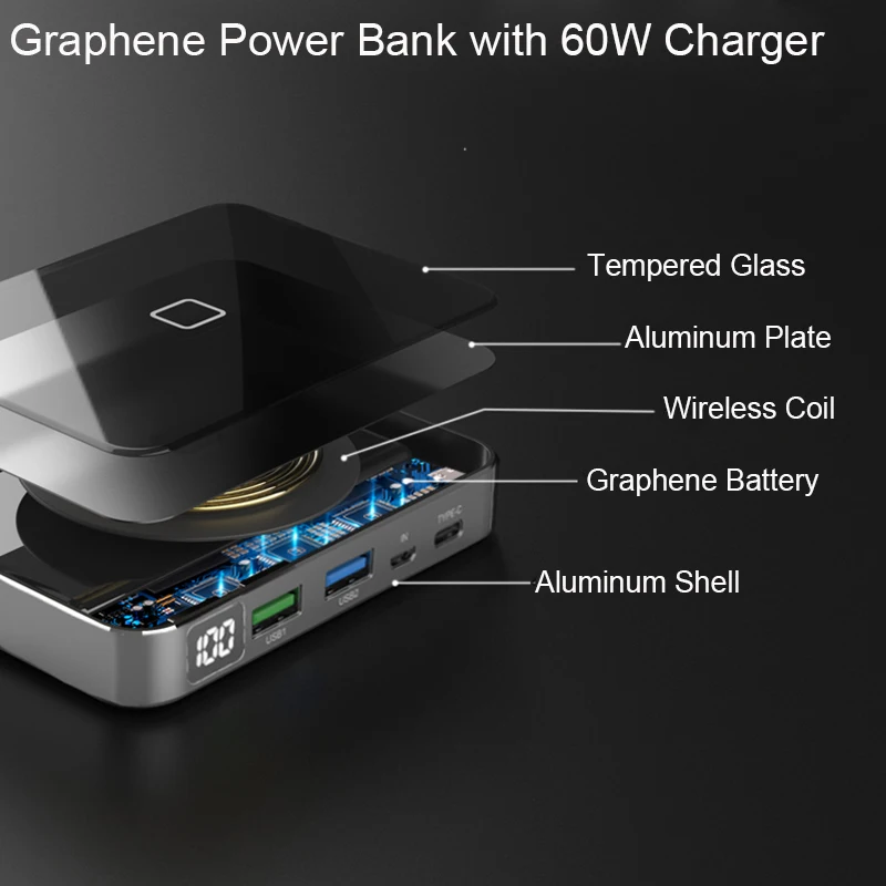 Беспроводное зарядное устройство RIY graphen 10000 мАч с type c PD QC3.0 USB для xiaomi huawei и