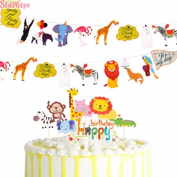 

Staraise Happy Birthday Banner Animal Cake Topper Kid Birthday Party Wild Animal Jungle Safari Party Supplies Jungle Party Decor