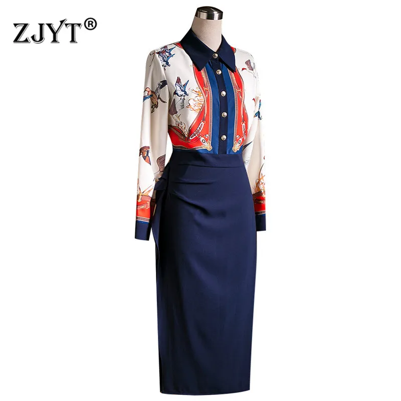 

2020 New Fashion Runway Spring Dresses for Women Elegant Full Sleeve Print Patchwork Lady Office Work Pencil Dresses