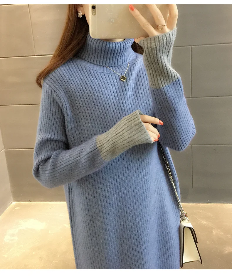 Длинное платье-свитер Женская мода осень зима винтажное вязаное Повседневное платье Макси Свободный пуловер с высоким воротом хит цвет Vestido
