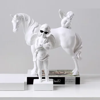 

Roman Mythology White Cupid Angel Horse Figurines Statue Resin Crafts Home Decoration Accessories R1762 Creative European Europe