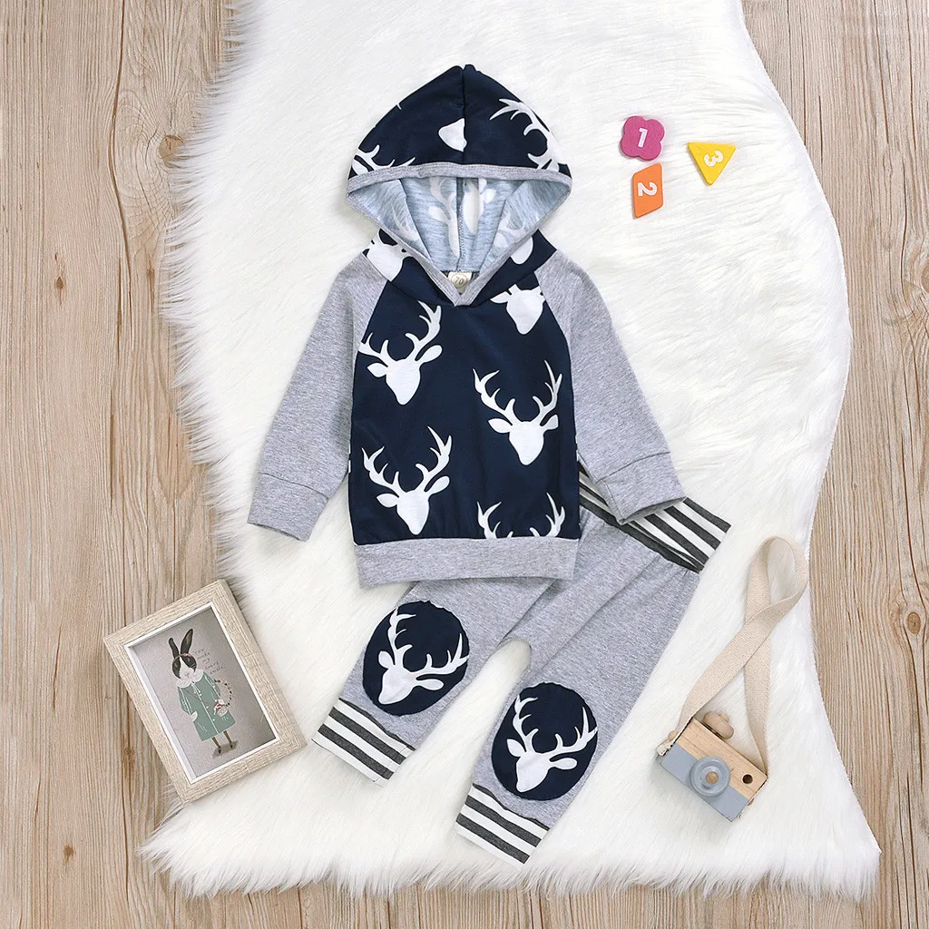 Christmas Cartoon Deer kids clothes Hooded Tops+Pants Outfits Sets Infant Baby Boys Clothes Set Vetement Enfant Fille roupas