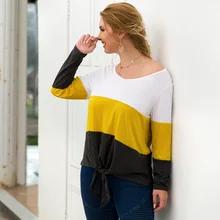 Европейский и американский Весенний стиль три цветное соединение длинный рукав v-образный вырез подол узел Мода Большой размер женская футболка