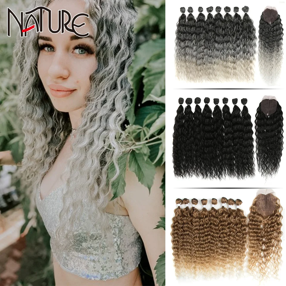 Nature Hair Curly Water Wave Hair Bundles With Closure Synthetic Hair Extensions Ombre Blonde Hair 20 inch Fiber Free Shipping