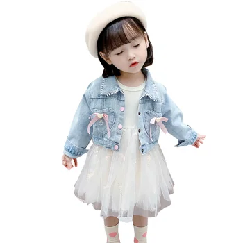

Kids Clothes Heart Pattern Baby Girls Clothing Denim Jacket + Mesh Dress Clothes For Girls Spring Autumn Children's Suits