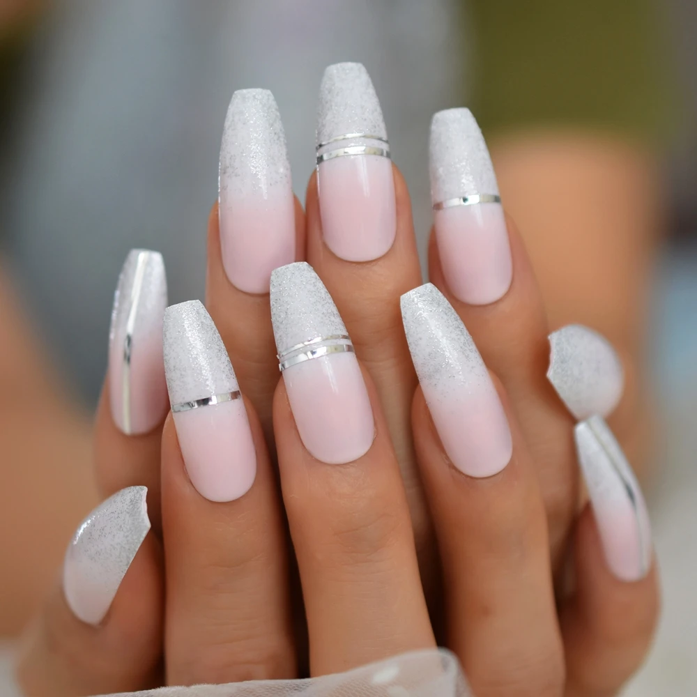 Glossy Baby Pink Ombre French Coffin Press On False Nails Extra Long Silver  Glitter Cross Line Gel Fake Fingers Ballet Nail - False Nails - Aliexpress
