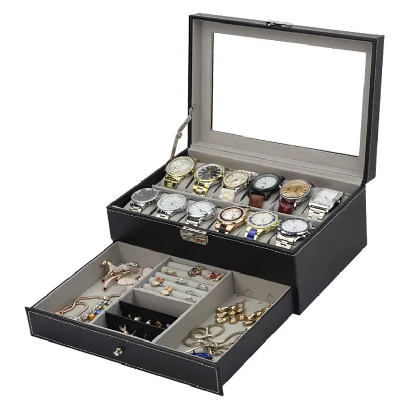 

Watch Jewelry Box Double Window PU Leather Watch Box Jewelry Receiving Display Box