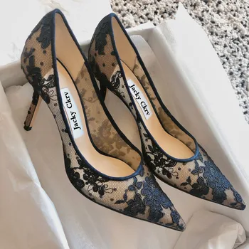 

Lace breathable hollow high-heeled shoes women's 2020 leather pointed shallow mouth heel fashion sexy red bride wedding shoes