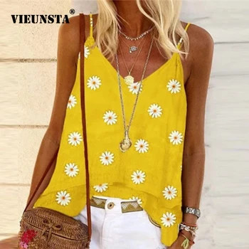 

2020 Summer Daisy Print Blouses Shirt Women Spring Backless Sleeveless Boho Blouse Plus Size Sexy V Neck Beach Straps Tops Blusa