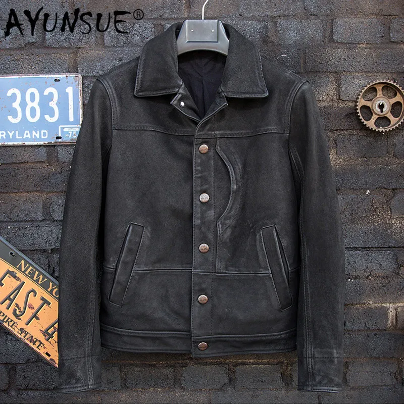 

AYUNSUE Real Cowhide Leather Jacket Men Vintage Genuine Leather Coat Cow Casual Motorcycle Jacket Man Blouson Homme 1516 KJ4546