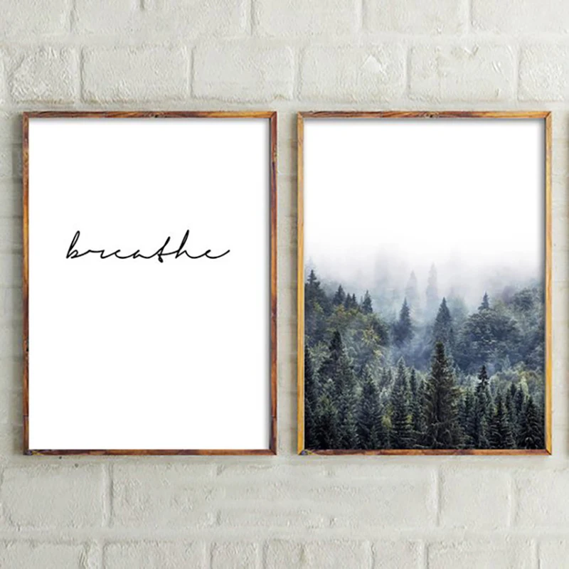 Nordic лесной пейзаж Wall Art дышать плакат картина без рамки Цитата печать Картина