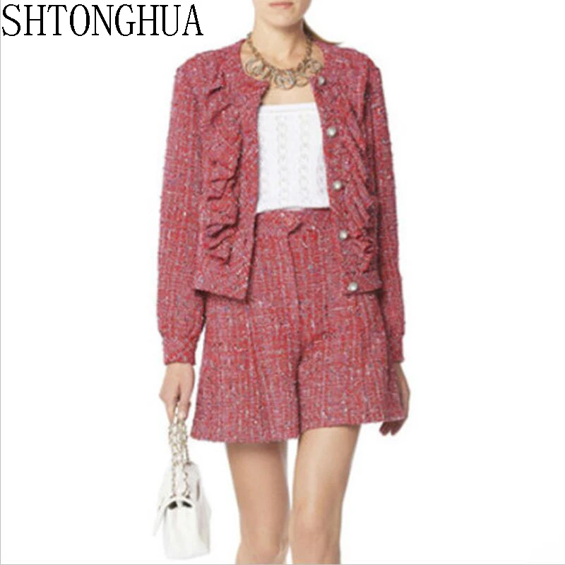 

Luxury Designer Tweed Outfit Womens Elegant Mini Shorts Suits 2 Piece Set Ruffle Jacket and Shorts Women Work Office Short Suits