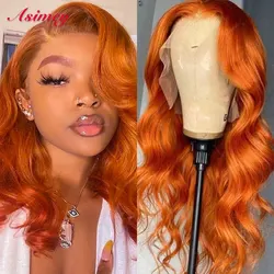 Asimey Orange Ginger Color Body Wave Wigs Human Hair Wig 13X4 Transparent Lace Front 30 32 Inch Preplucked Virgin Remy For Women