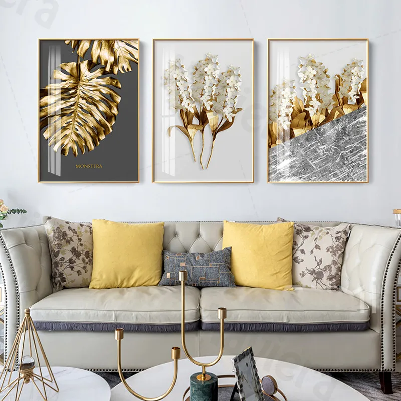 Golden Plant Leaf Abstract Canvas Art Painting Nordic Poster Black White Print 