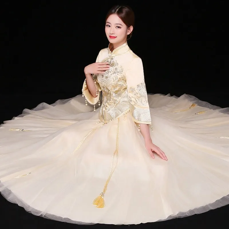 Вышивка Cheongsam винтажное бальное платье ручной работы с бусинами Vestidos женское традиционное китайское свадебное платье цвета шампань