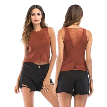 

5776 Summer WOMEN'S Dress Crew Neck Short Hollow out Tassels Solid Color Camisole Women's 2020 New