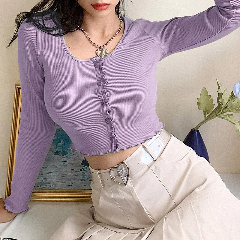 

2020 Purple Women Crop Tops Long Sleeve Sexy Hot Patchwork T Shirts O Neck Party Club Fashion Hot Tees