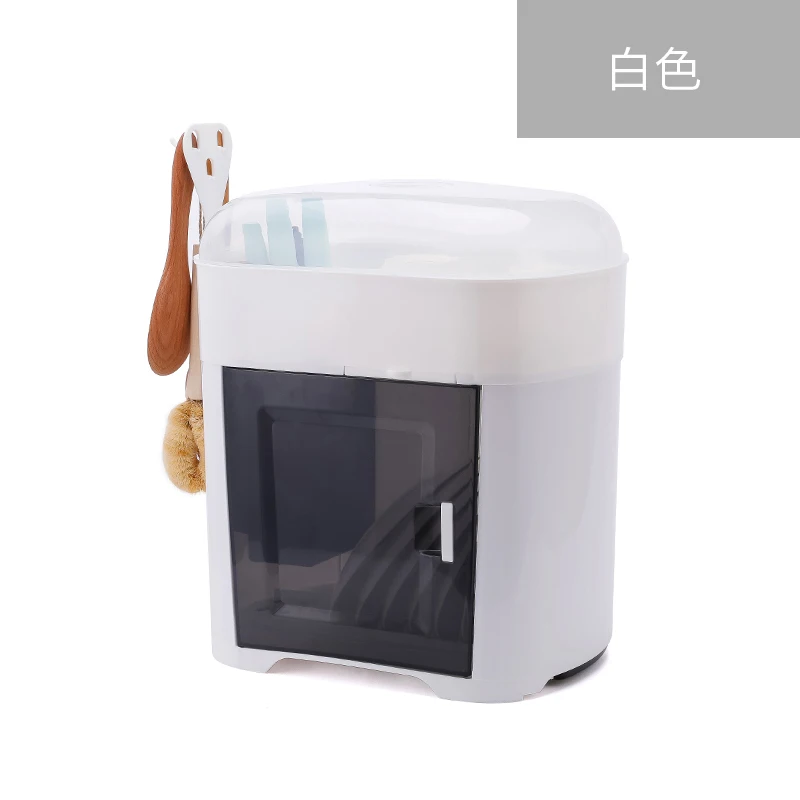 Кухонная стойка для столовых приборов, ящик для хранения посуды, дренажный стеллаж для хранения, два слоя с крышкой, бытовая вешалка, пластиковый шкаф lb892 - Color: white