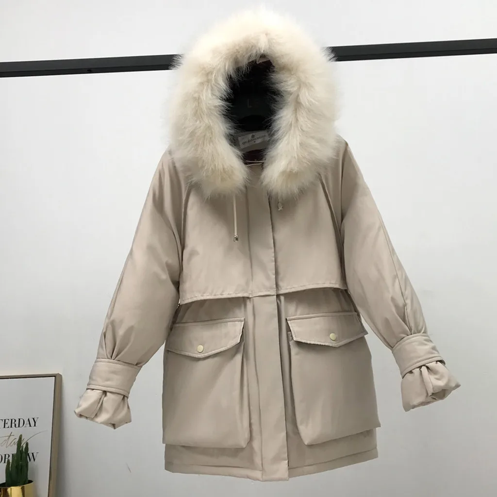 KANCOOLD Women Coat Cotton Solid Color Hooded Parka big pocket Buttoned Plus Size Long Parkas Overcoat Warm Loose Streetwear - Color: Black
