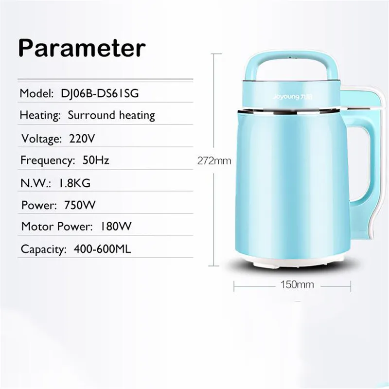 Joyoung DJ06B-DS61SG Household Soymilk Maker 0.4-0.6L Soymilk Machine 1-2 Person 304 Stainless Steel Food Mixer Blender