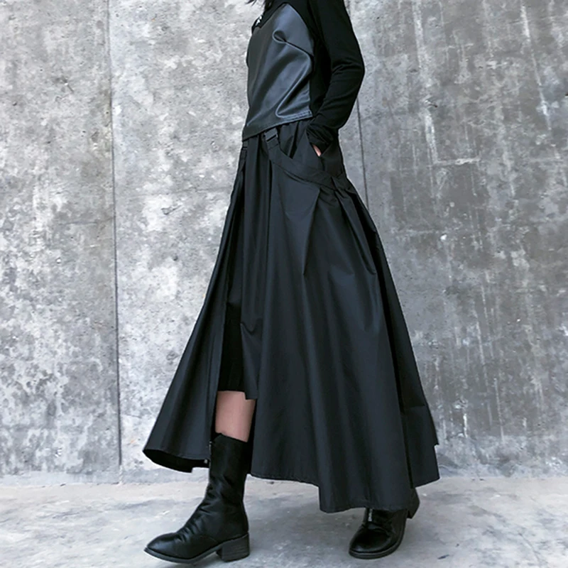 [EAM] High Elastic Waist Black  Buckle Split Joint IrregularHalf-body Skirt Women Fashion Tide New Spring Autumn 2020 1DA108
