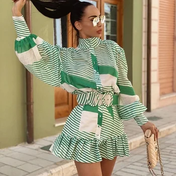 

2020 Autumn New Women'S Fashion Elegant Lantern Sleeves Belt Striped Patchwork Printed Mermaid Dress Bodycon Party Mini Dress