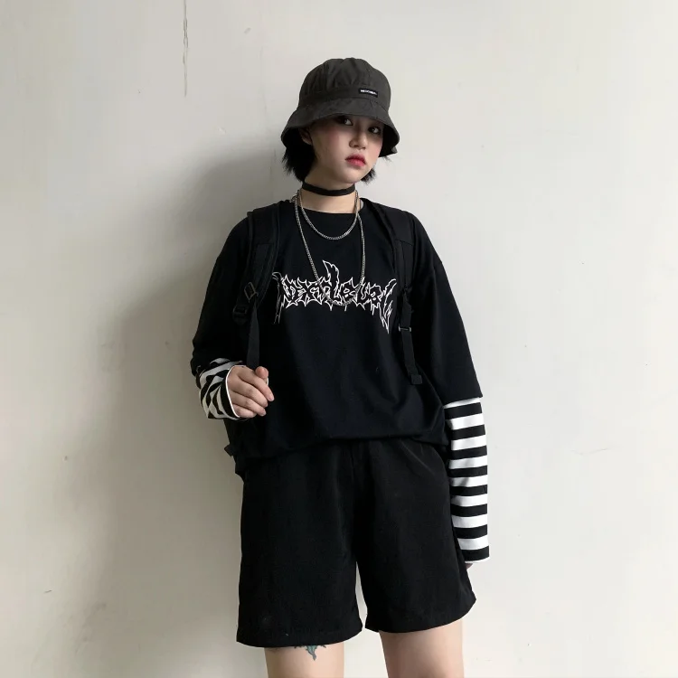Woherb Harajuku Лоскутная полосатая футболка Женская Мужская Унисекс поддельная 2 шт. футболка с буквенным принтом Футболки с длинным рукавом Уличная одежда