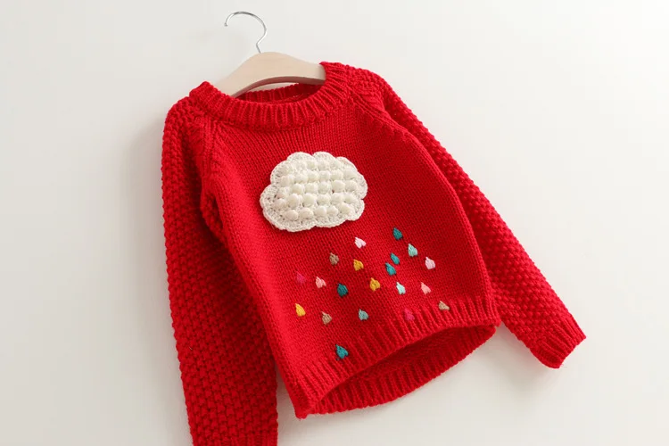 Autumn Korean-style Girls Stereo Stitched Pattern Cloud Raindrop Pullover Sweater Children Chunky Sweater