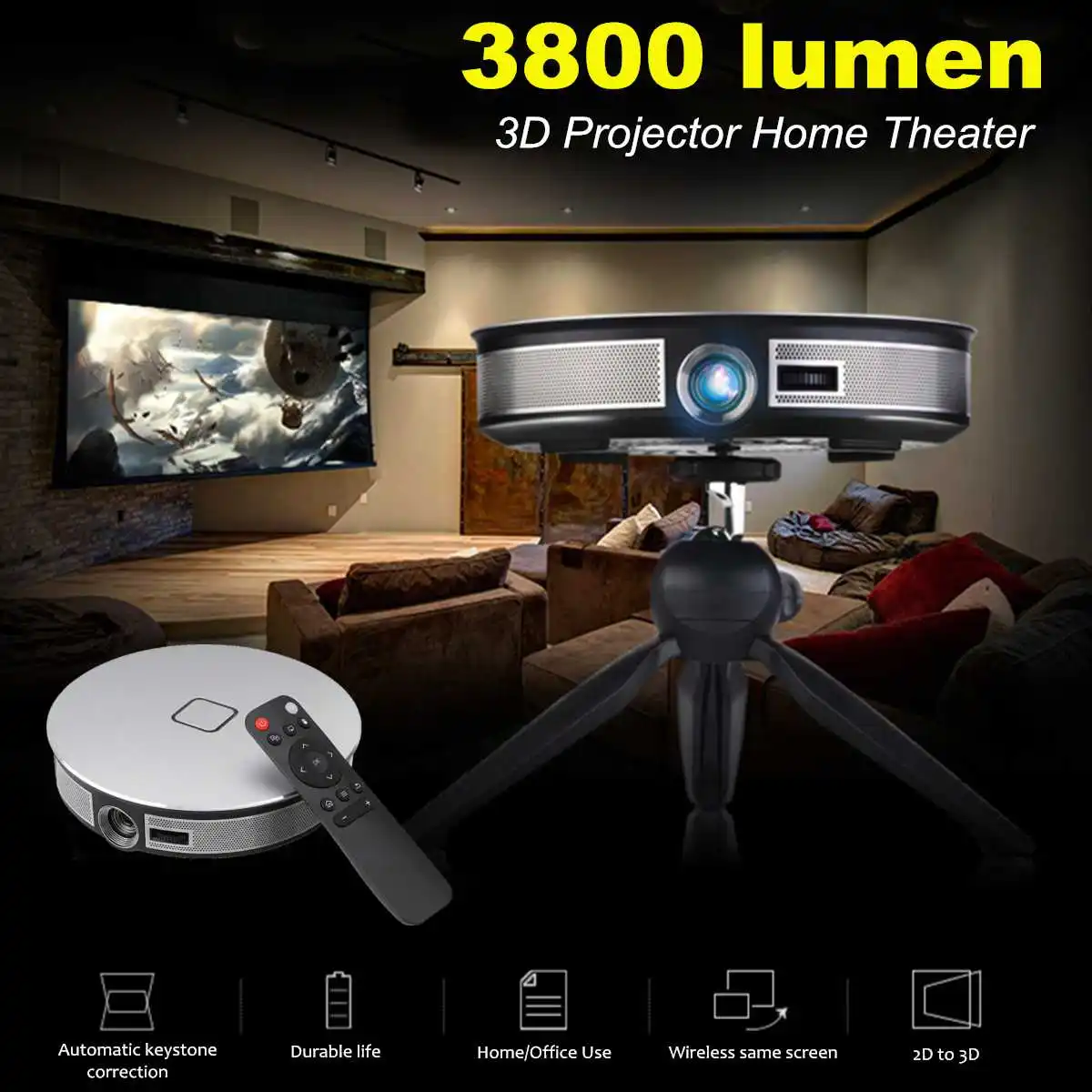 3D 1080P DLP Умный домашний кинотеатр офис HD Пульт ДУ проектора управление школьный мультимедийный проектор HDMI USB штатив 3800 люмен